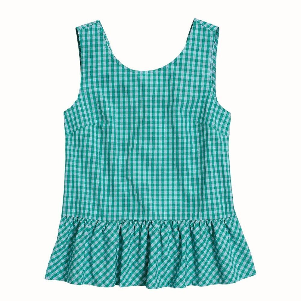 J Crew Womens XS Green Gingham Check Bow Back Peplum Sleeveless Lightweight Top